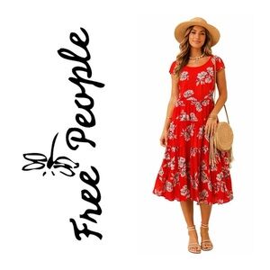 FREE PEOPLE Red Floral Print Tiered Midi Dress